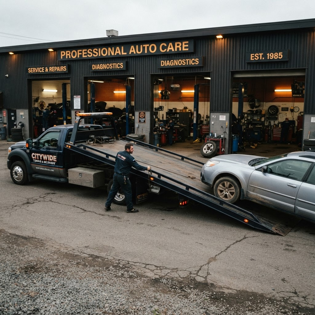 Tralas pristato automobilį prie remonto serviso